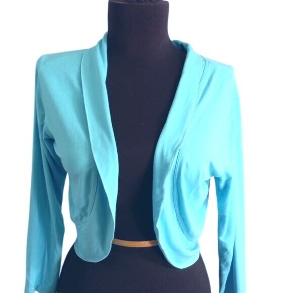 Bali Batiks Size S Cropped Cardigan Bolero Shrug Blue Open Front Top Long Sleeve - Picture 5 of 9